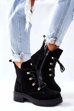 Sale Botki Damskie Zamszowe Czarne Nicole 2674 Damskie Botki Sznurowane|Czarne Botki