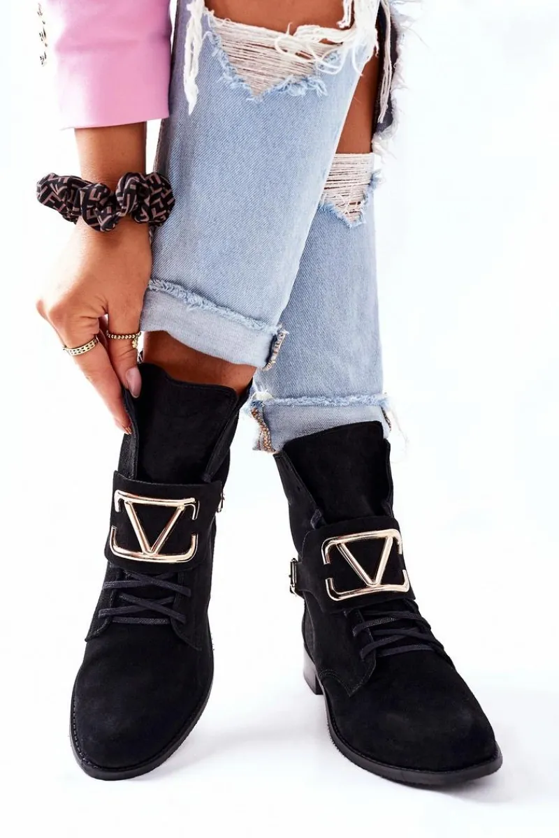 Online Botki Damskie Zamszowe Czarne Nicole 2676 Damskie Botki Sznurowane|Czarne Botki