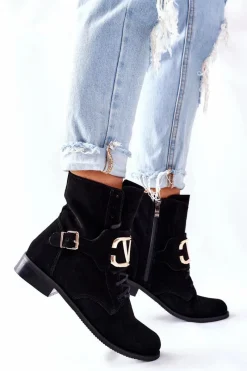 Online Botki Damskie Zamszowe Czarne Nicole 2676 Damskie Botki Sznurowane|Czarne Botki