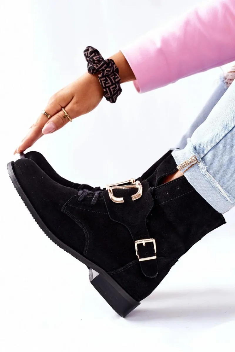 Online Botki Damskie Zamszowe Czarne Nicole 2676 Damskie Botki Sznurowane|Czarne Botki