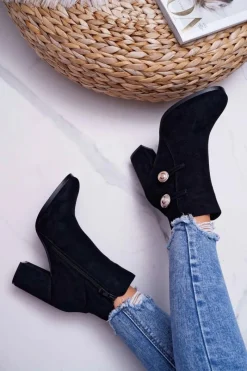Discount Damskie buty S.Barski Botki Damskie Zamszowe na Słupku Czarne Barski 73-2