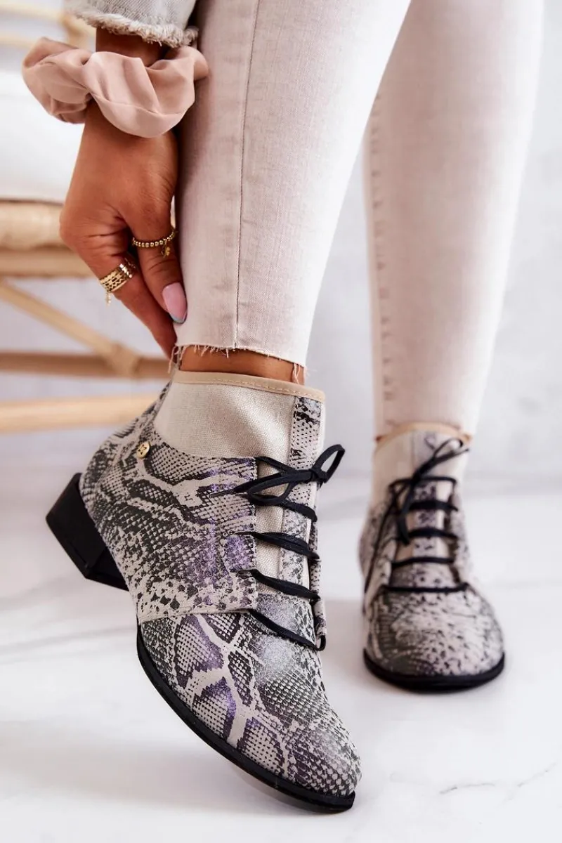 Outlet Maciejka Botki Damskie Zamszowe Trzewiki Wężowe 04744-03 Beżowe Beżowy