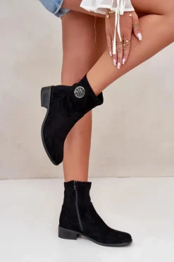 Online Botki Damskie Zapinane Na Zamek Z Ozdobnym Detalem Eko Zamszowe Czarne Lerioria Damskie Botki Ocieplane|Czarne Botki