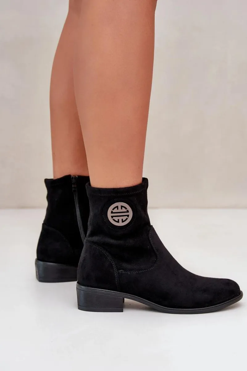 Online Botki Damskie Zapinane Na Zamek Z Ozdobnym Detalem Eko Zamszowe Czarne Lerioria Damskie Botki Ocieplane|Czarne Botki