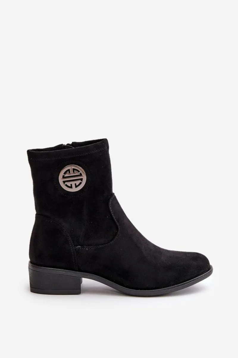 Online Botki Damskie Zapinane Na Zamek Z Ozdobnym Detalem Eko Zamszowe Czarne Lerioria Damskie Botki Ocieplane|Czarne Botki