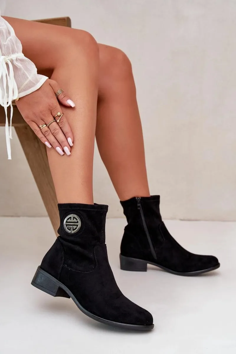 Online Botki Damskie Zapinane Na Zamek Z Ozdobnym Detalem Eko Zamszowe Czarne Lerioria Damskie Botki Ocieplane|Czarne Botki