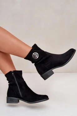 Online Botki Damskie Zapinane Na Zamek Z Ozdobnym Detalem Eko Zamszowe Czarne Lerioria Damskie Botki Ocieplane|Czarne Botki