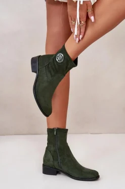 Clearance Boto Botki Damskie Zapinane Na Zamek Z Ozdobnym Detalem Eko Zamszowe Zielone Lerioria Zielony