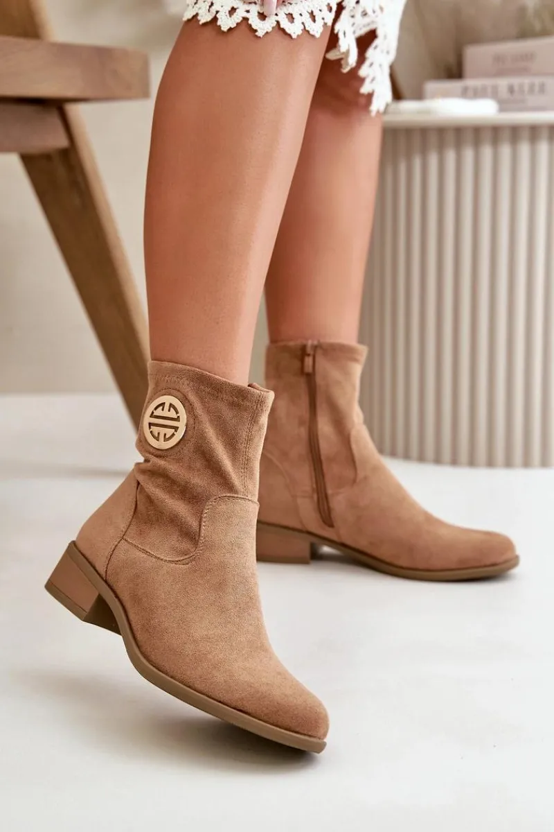 Botki Ocieplane|Czarne Botki>Boto Botki Damskie Zapinane Na Zamek Z Ozdobnym Detalem Eko Zamszowe Beżowe Lerioria Beżowy