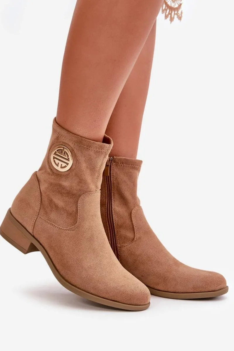 Botki Ocieplane|Czarne Botki>Boto Botki Damskie Zapinane Na Zamek Z Ozdobnym Detalem Eko Zamszowe Beżowe Lerioria Beżowy