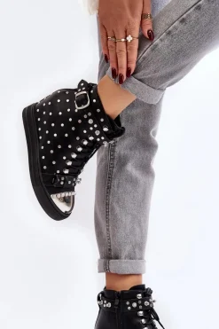 Outlet Botki Damskie Zdobione Dżetami Na Koturnie Lu Boo Czarne Damskie Botki Na Koturnie|Czarne Botki