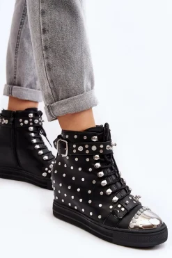 Outlet Botki Damskie Zdobione Dżetami Na Koturnie Lu Boo Czarne Damskie Botki Na Koturnie|Czarne Botki