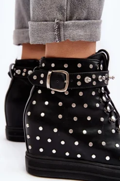 Outlet Botki Damskie Zdobione Dżetami Na Koturnie Lu Boo Czarne Damskie Botki Na Koturnie|Czarne Botki