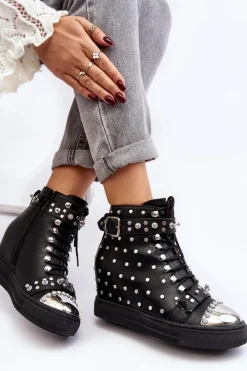 Outlet Botki Damskie Zdobione Dżetami Na Koturnie Lu Boo Czarne Damskie Botki Na Koturnie|Czarne Botki