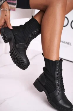 Damskie Trapery|Botki Sznurowane>Boto Botki Damskie Ze Skarpetą Czarne Brielle