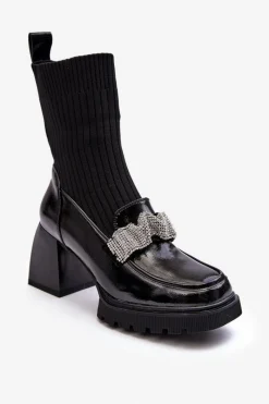 Botki Ocieplane|Czarne Botki>Damskie buty S.Barski Botki Damskie Ze Skarpetą Na Obcasie D&A MR870-41 Czarne Czarny