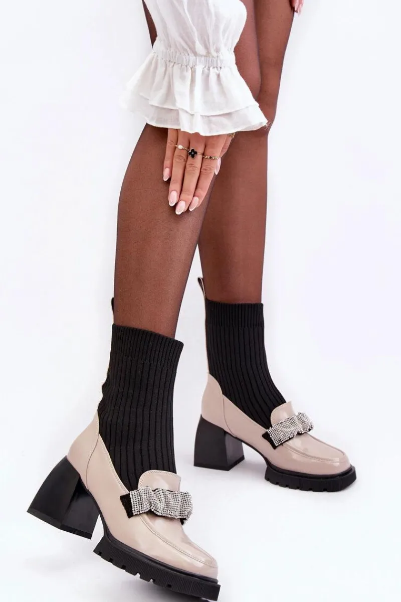 New Botki Damskie Ze Skarpeta Na Obcasie Beżowe S.Barski MR870-41 Damskie Botki Ocieplane|Brązowe I Beżowe Botki