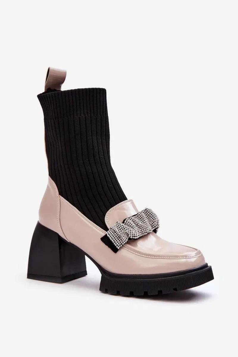 New Botki Damskie Ze Skarpeta Na Obcasie Beżowe S.Barski MR870-41 Damskie Botki Ocieplane|Brązowe I Beżowe Botki