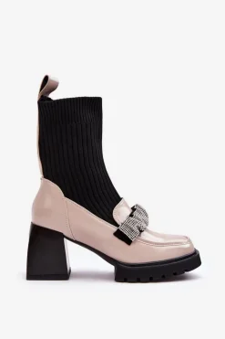 New Botki Damskie Ze Skarpeta Na Obcasie Beżowe S.Barski MR870-41 Damskie Botki Ocieplane|Brązowe I Beżowe Botki