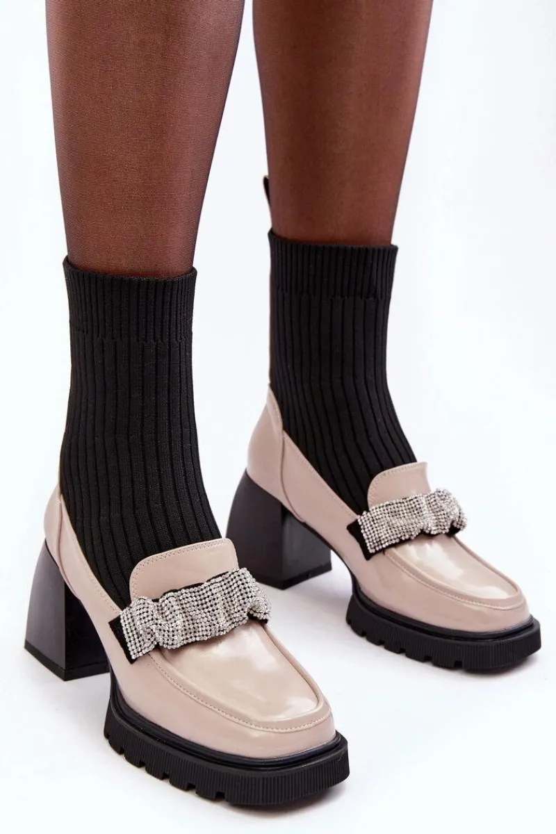 New Botki Damskie Ze Skarpeta Na Obcasie Beżowe S.Barski MR870-41 Damskie Botki Ocieplane|Brązowe I Beżowe Botki