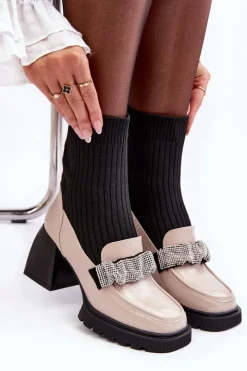 New Botki Damskie Ze Skarpeta Na Obcasie Beżowe S.Barski MR870-41 Damskie Botki Ocieplane|Brązowe I Beżowe Botki