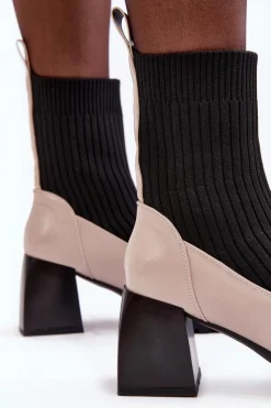 New Botki Damskie Ze Skarpeta Na Obcasie Beżowe S.Barski MR870-41 Damskie Botki Ocieplane|Brązowe I Beżowe Botki