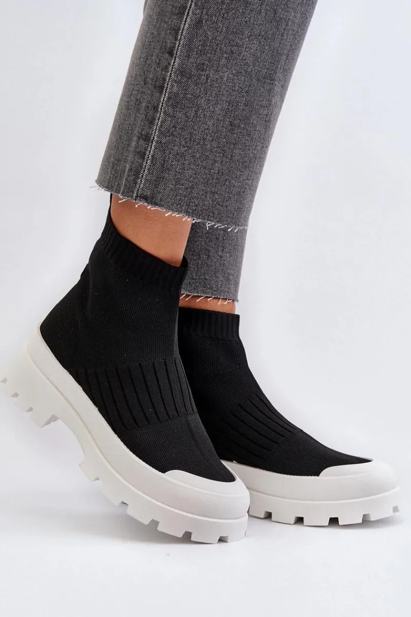 Botki Wiosenne|Botki Sznurowane>Boto Botki Damskie Ze Skarpetkową Cholewką Wsuwane Czarne Fiename