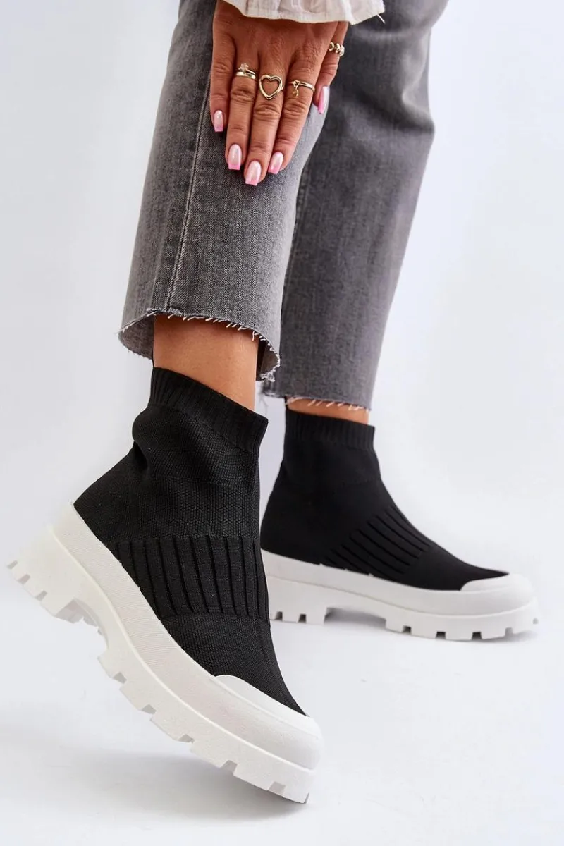 Botki Wiosenne|Botki Sznurowane>Boto Botki Damskie Ze Skarpetkową Cholewką Wsuwane Czarne Fiename
