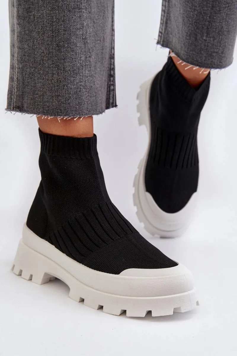 Botki Wiosenne|Botki Sznurowane>Boto Botki Damskie Ze Skarpetkową Cholewką Wsuwane Czarne Fiename
