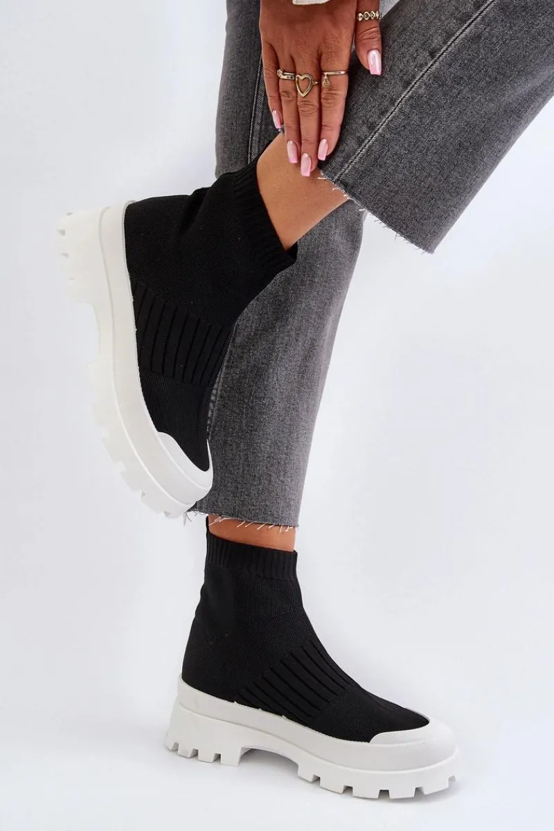 Botki Wiosenne|Botki Sznurowane>Boto Botki Damskie Ze Skarpetkową Cholewką Wsuwane Czarne Fiename