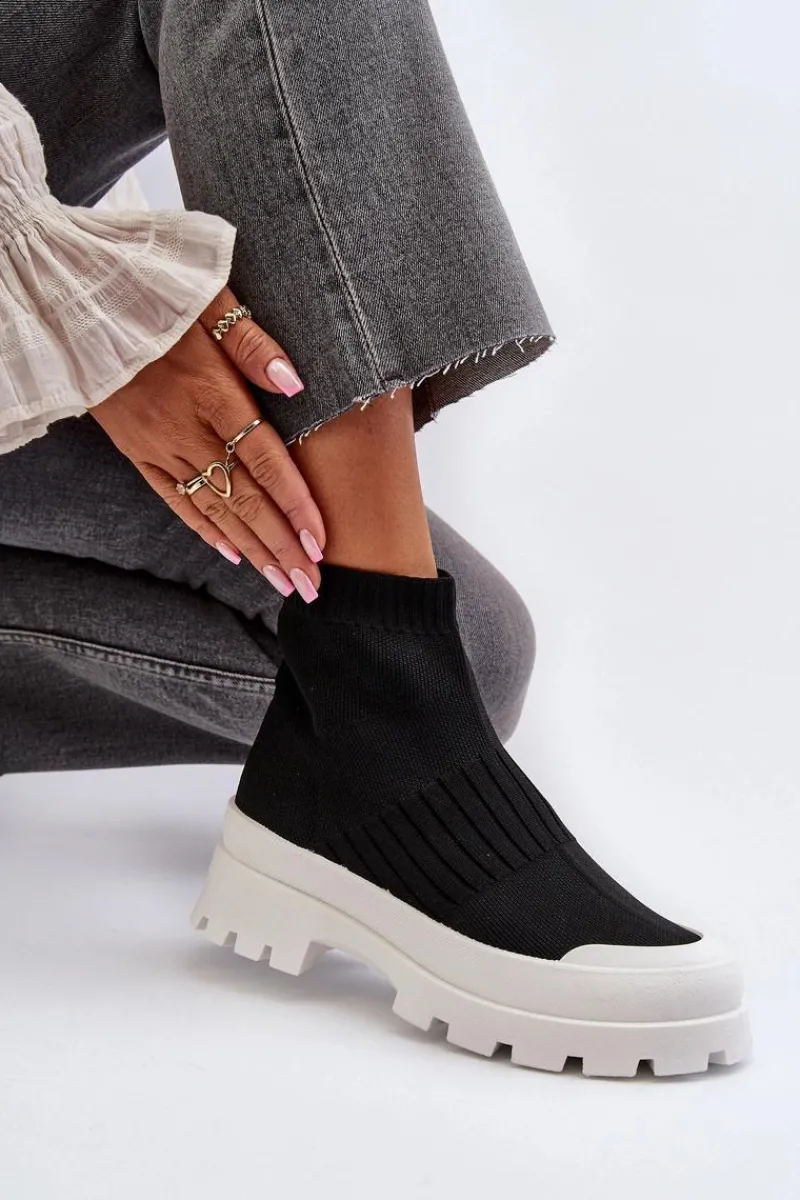 Botki Wiosenne|Botki Sznurowane>Boto Botki Damskie Ze Skarpetkową Cholewką Wsuwane Czarne Fiename