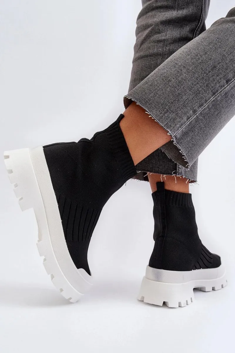 Botki Wiosenne|Botki Sznurowane>Boto Botki Damskie Ze Skarpetkową Cholewką Wsuwane Czarne Fiename