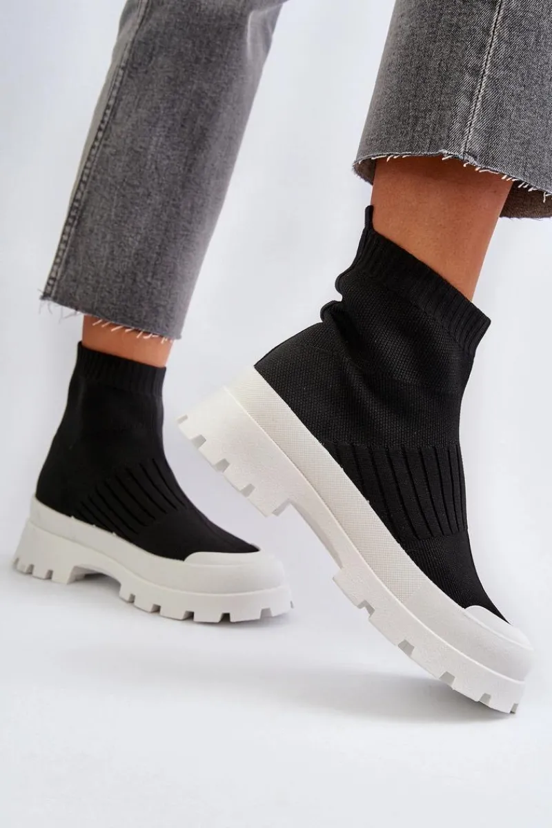 Botki Wiosenne|Botki Sznurowane>Boto Botki Damskie Ze Skarpetkową Cholewką Wsuwane Czarne Fiename