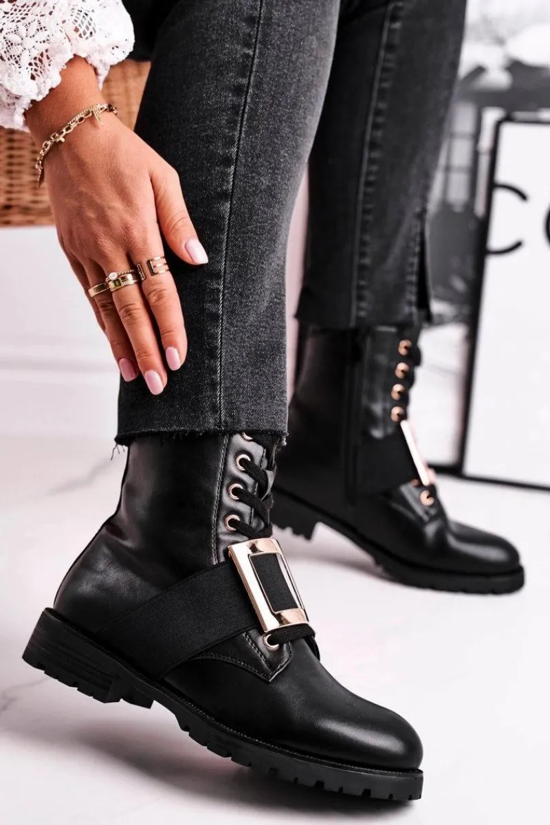 Online Botki Damskie Ze Złotą Klamrą Happy Su Czarne Damskie Botki Sznurowane|Czarne Botki