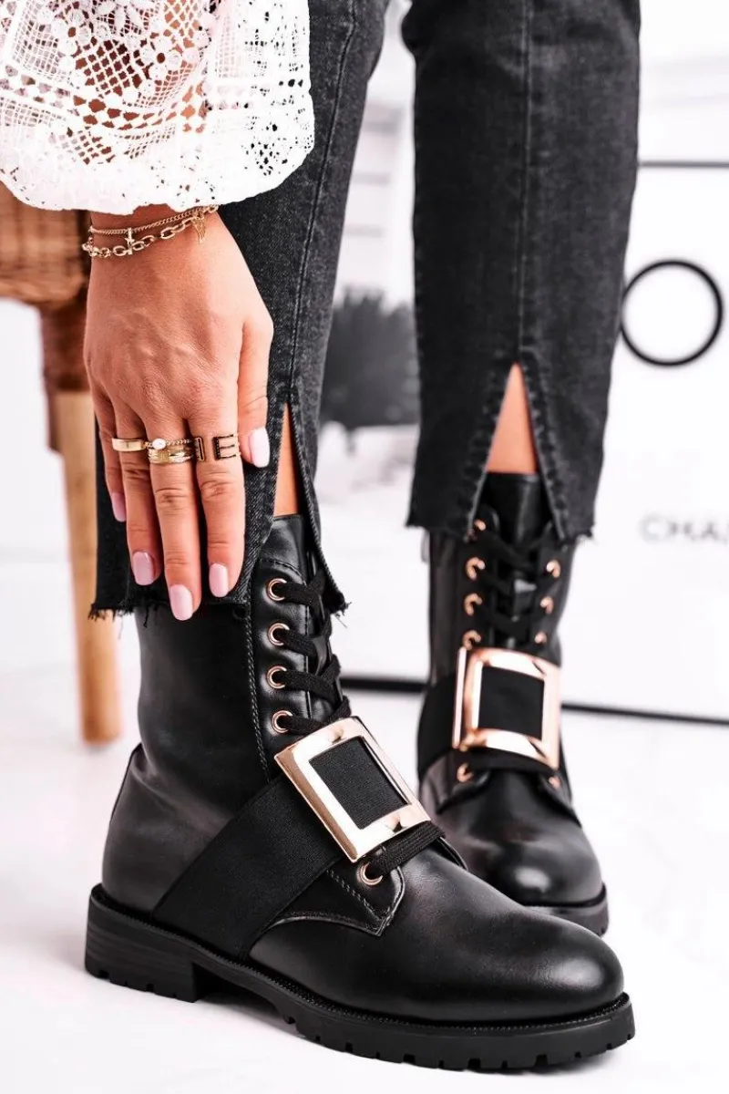 Online Botki Damskie Ze Złotą Klamrą Happy Su Czarne Damskie Botki Sznurowane|Czarne Botki