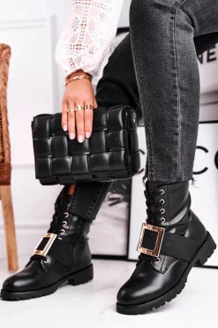 Online Botki Damskie Ze Złotą Klamrą Happy Su Czarne Damskie Botki Sznurowane|Czarne Botki