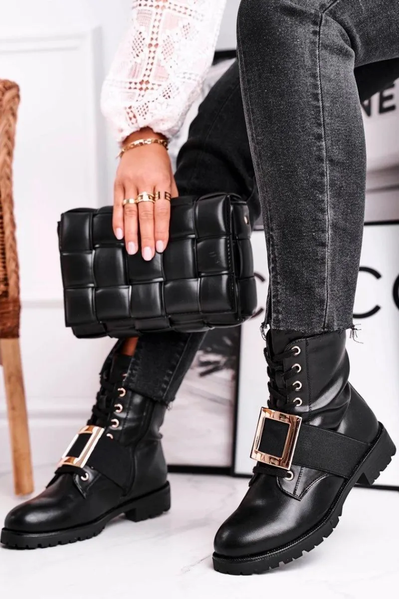 Online Botki Damskie Ze Złotą Klamrą Happy Su Czarne Damskie Botki Sznurowane|Czarne Botki