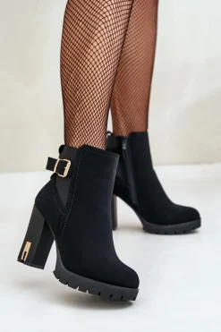 Outlet Botki Damskie Ze Złotą Klamrą Na Słupku Ocieplane Czarne Erilanes Damskie Botki Na Słupku|Czarne Botki