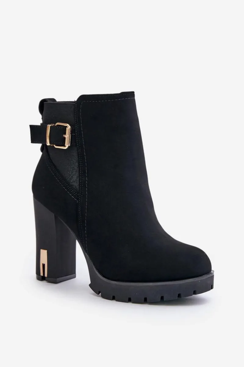 Outlet Botki Damskie Ze Złotą Klamrą Na Słupku Ocieplane Czarne Erilanes Damskie Botki Na Słupku|Czarne Botki
