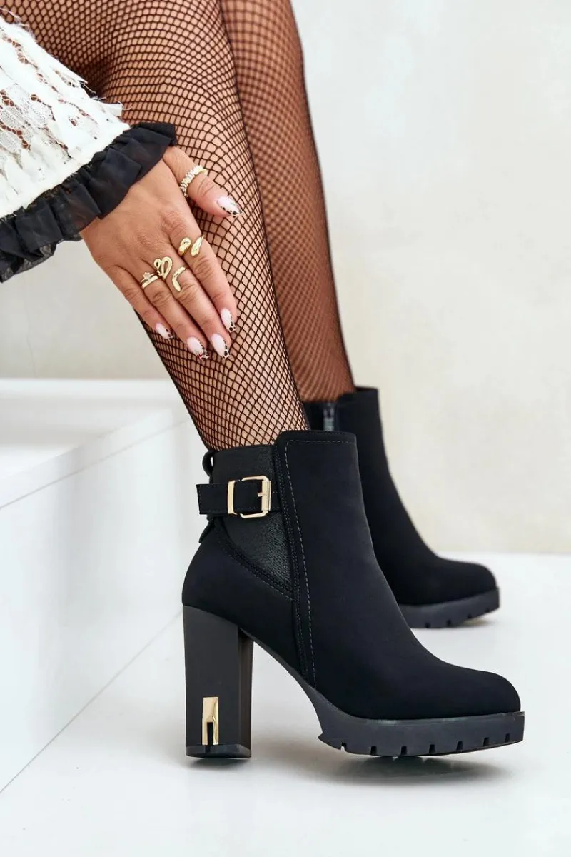 Outlet Botki Damskie Ze Złotą Klamrą Na Słupku Ocieplane Czarne Erilanes Damskie Botki Na Słupku|Czarne Botki