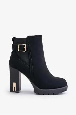 Outlet Botki Damskie Ze Złotą Klamrą Na Słupku Ocieplane Czarne Erilanes Damskie Botki Na Słupku|Czarne Botki