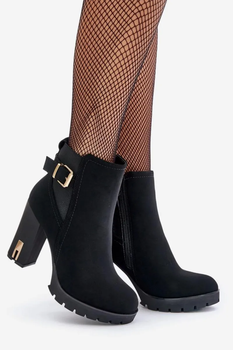 Outlet Botki Damskie Ze Złotą Klamrą Na Słupku Ocieplane Czarne Erilanes Damskie Botki Na Słupku|Czarne Botki