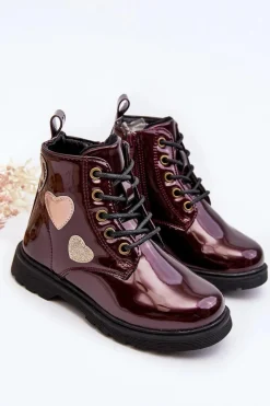 New Botki Dziecięce Lakierowane Z Ozdobami Bordowe Adete Dzieci Dziewczęce