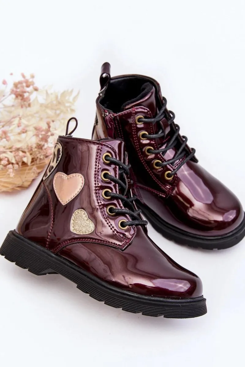 New Botki Dziecięce Lakierowane Z Ozdobami Bordowe Adete Dzieci Dziewczęce
