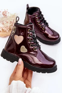 New Botki Dziecięce Lakierowane Z Ozdobami Bordowe Adete Dzieci Dziewczęce