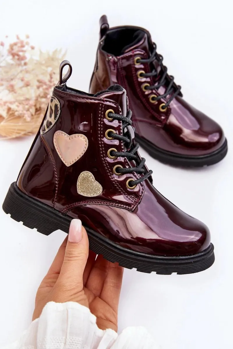 New Botki Dziecięce Lakierowane Z Ozdobami Bordowe Adete Dzieci Dziewczęce