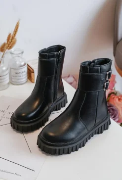 Clearance Boto Botki Dziecięce Skórzane Z Klamrami Czarne Chloraia