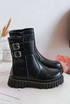 Clearance Boto Botki Dziecięce Skórzane Z Klamrami Czarne Chloraia