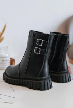 Clearance Boto Botki Dziecięce Skórzane Z Klamrami Czarne Chloraia