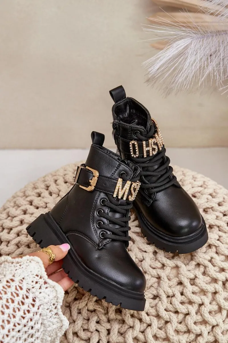 New Botki Dziewczęce Eko Skórzane Ocieplane Z Ozdobnym Paskiem Czarne Gilian Dzieci Dziewczęce